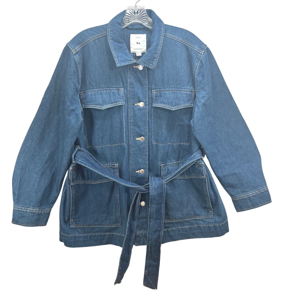 Free Assembly Womens XL Blue Denim Belted Utility Jacket Button Front LongSleeve